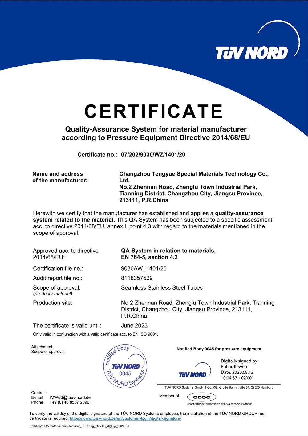 Los certificados PED e ISO9001 se actualizaron en julio de 2020